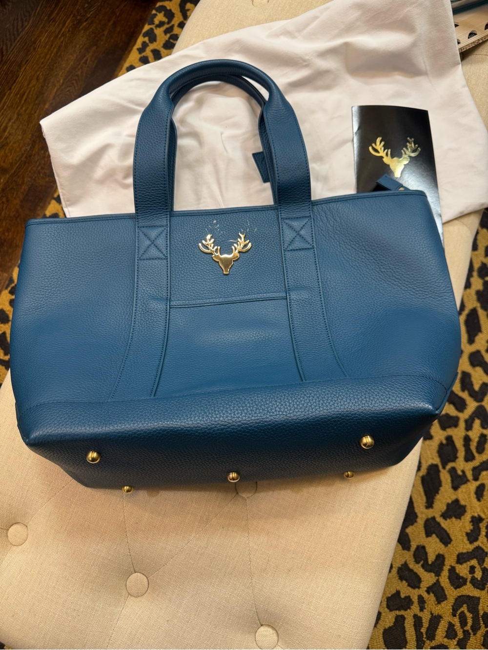 Taxidermy Structured Blue Leather Tote with Gold Deer Accent